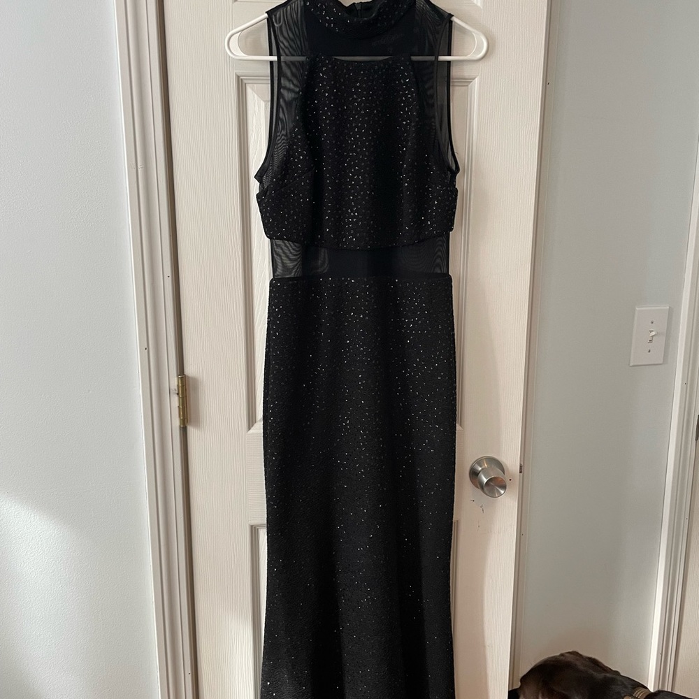 Betsy & Adam black formal dress gown sparkly sleeveless high neck mesh sz 12